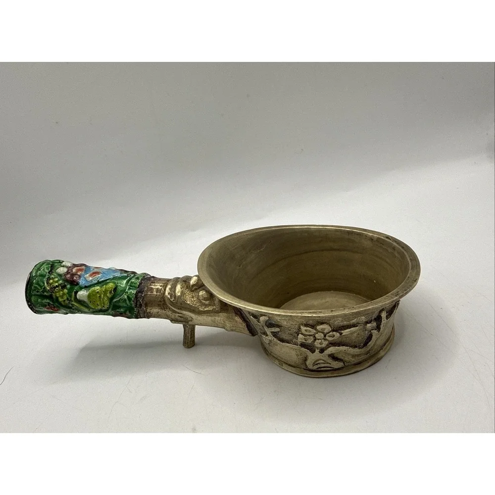 Vintage 1960's Brass Chinese‎ Silk Iron With Enamel  Cloisonné Handle Scoop